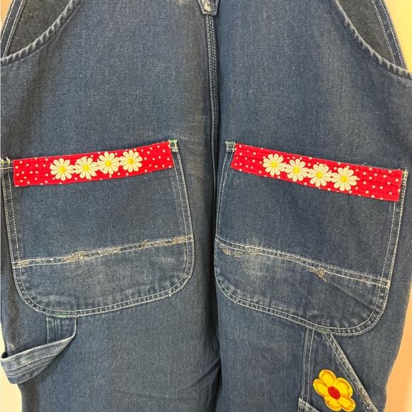Upcycled  Denim Overalls with Colorful Patch Trim - Picture 9 of 16